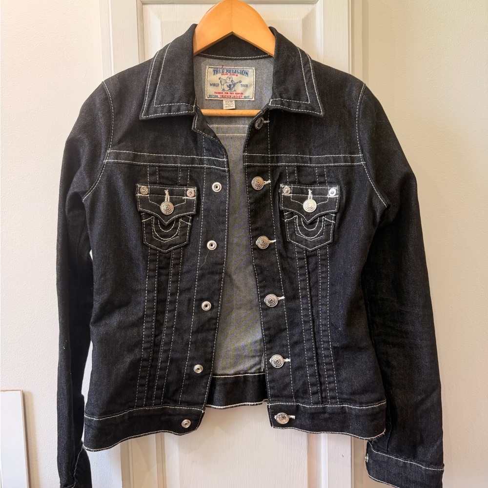 True Religion Black Denim Trucker Jacket with Contrast Stitching
